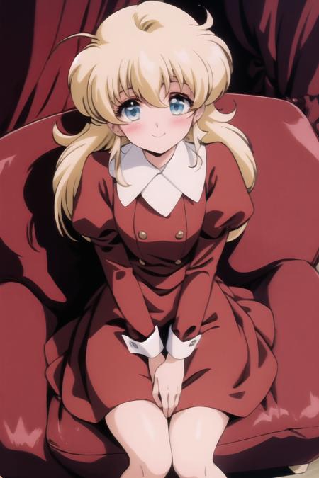 masterpiece, best quality, high-res, nightclub lounge, perfect lighting, 
illies, 1girl, solo,blonde hair, long hair, blue eyes, medium breasts, 1990s \(style\), retro artstyle,
happy, smile, blush, v arms, red dress, long sleeve, puffy sleeves, looking at viewer, 
sitting sofa, cowboy shot, looking at viewer <lora:illies_plastic_little_v2:0.9>