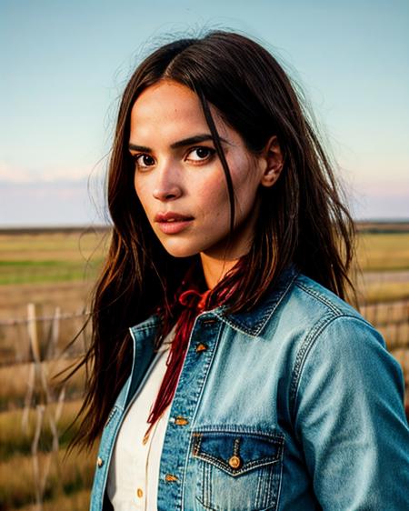 AdriaAchz, (intricately detailed:1.2) RAW photo of a female rancher, (medium close-up), face focus, wearing a cowgirl outfit, denim and flannel under a fringe-trim jacket, artistic composition, standing near an old barbed-wire fence on the Western Kansas plains, expansive emptiness, languid loneliness, (contemplative pose), volumetric lighting, high resolution, (masterpiece, best quality:1.5), <lora:+ Unhorny_(-3.0-4.0) v01:1.5>,