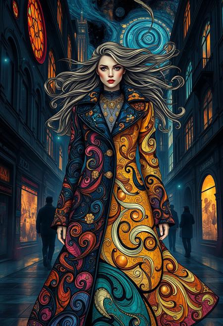 A fashion designer wearing a coat that changes colors in swirling, dreamlike spirals as they walk through a midnight city.
gothic surreal portrait, intricate baroque detailing, fluid organic architecture, rich jewel tones, dramatic chiaroscuro lighting, swirling abstract patterns, melancholic ethereal figures, flowing hair and elaborate costumes, gold accents and stained-glass textures, dreamlike cityscape, surreal fantasy symbolism, organic spirals and mosaic-like designs, gothic romance meets vibrant expressionism