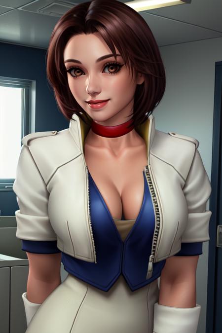 Alice.brown hair,short hair,brown eyes,cleavage,
choker,white, cropped jacket,jacket,gloves,skirt,
 upper body, smile,  leaning forward,  from above, 
hospital room. 
 (insanely detailed, beautiful detailed face, masterpiece, best quality) 
 <lora:Alice:0.7>