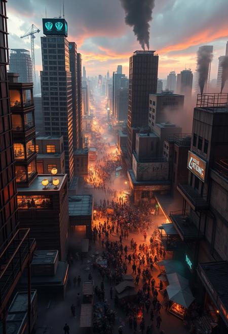 A dystopian cityscape, divided into starkly contrasting zones. On one side, towering skyscrapers made of steel and glass rise high, housing the wealthy elite who look down on the chaos below. They live in luxury, with clean streets, neon lights reflecting off their polished surfaces, and high-tech security everywhere. The rich are dressed in sleek, futuristic suits, sipping cocktails in rooftop lounges, oblivious to the suffering around them. On the other side, slums stretch for miles, filled with crumbling concrete buildings, rusted metal, and makeshift shacks. The poor, wearing tattered clothing and dirty, weather-beaten faces, struggle in the filthy streets, engulfed in smog and dim, flickering lights from broken street lamps. Protesters clash with riot police in armor, their shields emblazoned with corporate logos, as smoke and debris fill the air. Misinformation blares from massive holographic billboards, showing distorted news and propaganda, while citizens argue violently in small, crowded markets. On the rooftops of the elite skyscrapers, armed military snipers, wearing black tactical gear and helmets with visors, scan the chaos below, rifles trained on anyone who steps out of line. Their presence adds a menacing layer of control, ready to pick off any who dare challenge the fragile order.
