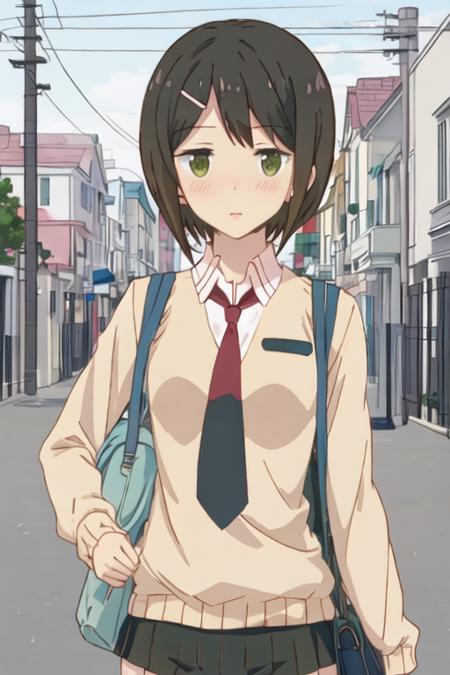 best quality, masterpiece, highres, solo, {kaede_ikeno_sakuratrick:1.15}, short_hair, hair_ornament, hairclip, blush, black_hair, brown_hair, green_eyes, necktie