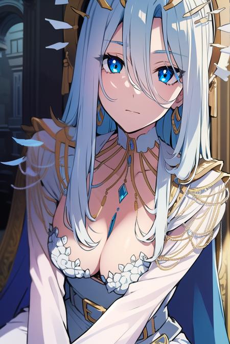 amalee, blue eyes, white hair, long hair, colored inner hair, eyes visible through hair, multicolored hair, belt, blue cape, cape, choker, collarbone, earrings, halo, jewelry, pants, white belt, white choker, white pants,