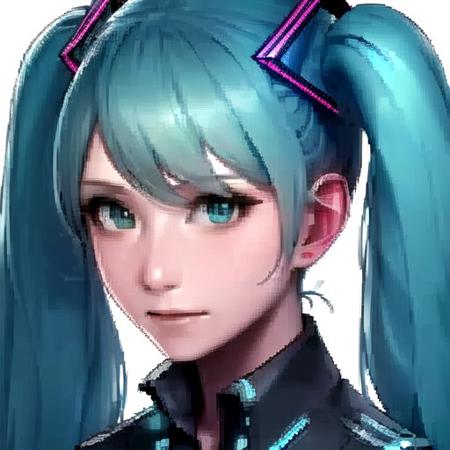 1girl, head_focus, solo, portrait, hatsune miku, simple background,  <lora:futurefight:1>