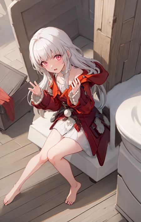 (best quality:1.3),(masterpiece:1.3),(illustration:1.3),(ultra-detailed:1.3),(imid shot:0.9),

1girl, solo, red jacket, sleeves past wrists, long hair,  barefoot, long sleeves, simple background, full body, coat, grey hair, looking at viewer, 
very young, upper body ,short neck, small breasts,

from side,from below,close-up, 

pink eyes, jewel-like eyes,

snowflakes, snow, forest, wooden floor, sunlight, morning,  log cabin