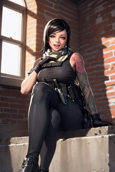 (masterpiece, best quality:1.2),  <lora:mara_(call_of_duty):.9>, mara (call of duty), 1girl, solo, black hair, gloves, scarf, tattoo, military, breasts, holster, pants, load bearing vest, foot focus, sitting, looking at viewer, smile, pantyshot, foreshortening, open mouth, window, brick wall, indoors