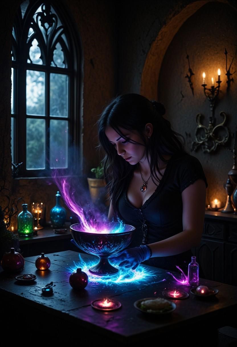 A female goth alchemist is brewing glowing magic potion in a big witch's goblet in a dimly lit woke kitchen. The desk is cluttered with dark magic utilities abound, potion bottles aglow with colorful and spirited magic fluids, exaggerated colorful art,  in a setting where rebellion, decay, and mysticism intertwine, crafting a unique, immersive vibe
autumn magic, Glowing Steampunk Halloween, ArsMJStyle, dnddarkestfantasy