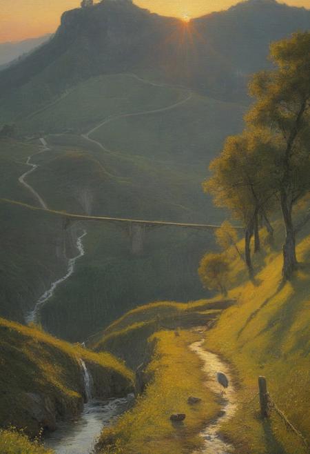 Claude Lorrain (golden hour), Vineyard on steep slate slopes, fox tracks in mud, clapper bridge over stream,grey heron stalking.,Art painting by Gustav Klimt and Takashi Murakami and Kay Sage, ,,
artstation trending, macro lens, volumetric light,
<lora:Illustration_Insanity:0.3>,
<lora:dreamshaperXL10_lora:0.7>,
<lora:extremely_detailed:0.3> extremely detailed,
<lora:DetailMaximizer:0.3>,, Surrealism art style, dreamlike and irrational imagery, explores the unconscious mind, juxtaposition of unlikely elements, challenges reality and logic