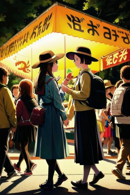 masterpiece, best quality, ultra-detailed, illustration,
omatsuri, food stand, multiple girls, tree, outdoors, bag, hat, skirt, handbag, road, street, walking, multiple boys, scenery, crowd, long skirt, pantyhose, day, long hair, real world location, black skirt, 6+boys, lantern, shirt, 6+girls, backpack, festival, food, photo background, pavement, crosswalk, paper lantern, lamppost, brown hair, white shirt, short hair, holding, sun hat, 
 <lora:omatsuri_V4_1.0_OUTD_Resize_DIM8:1>