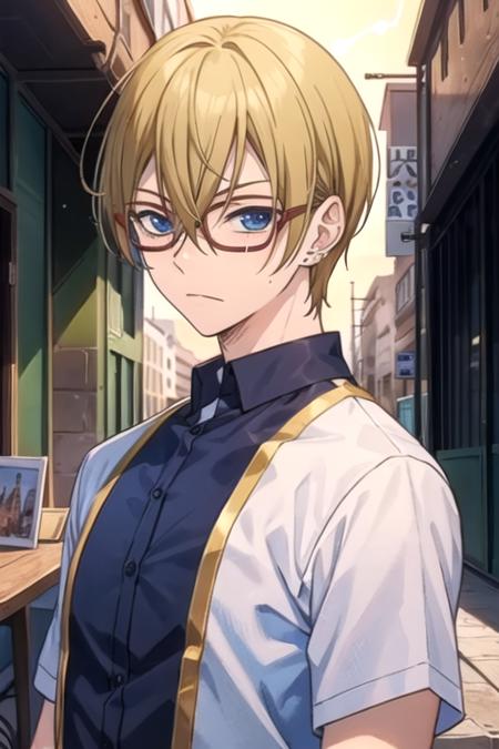 masterpiece, best quality, illustration, 1boy, solo, male focus, looking at viewer, upper body, depth of field, <lora:michiru_yanai:0.76>, michiru_yanai, blonde hair, blue eyes, hair between eyes, glasses, knight costume, post-apocalyptic, HDR