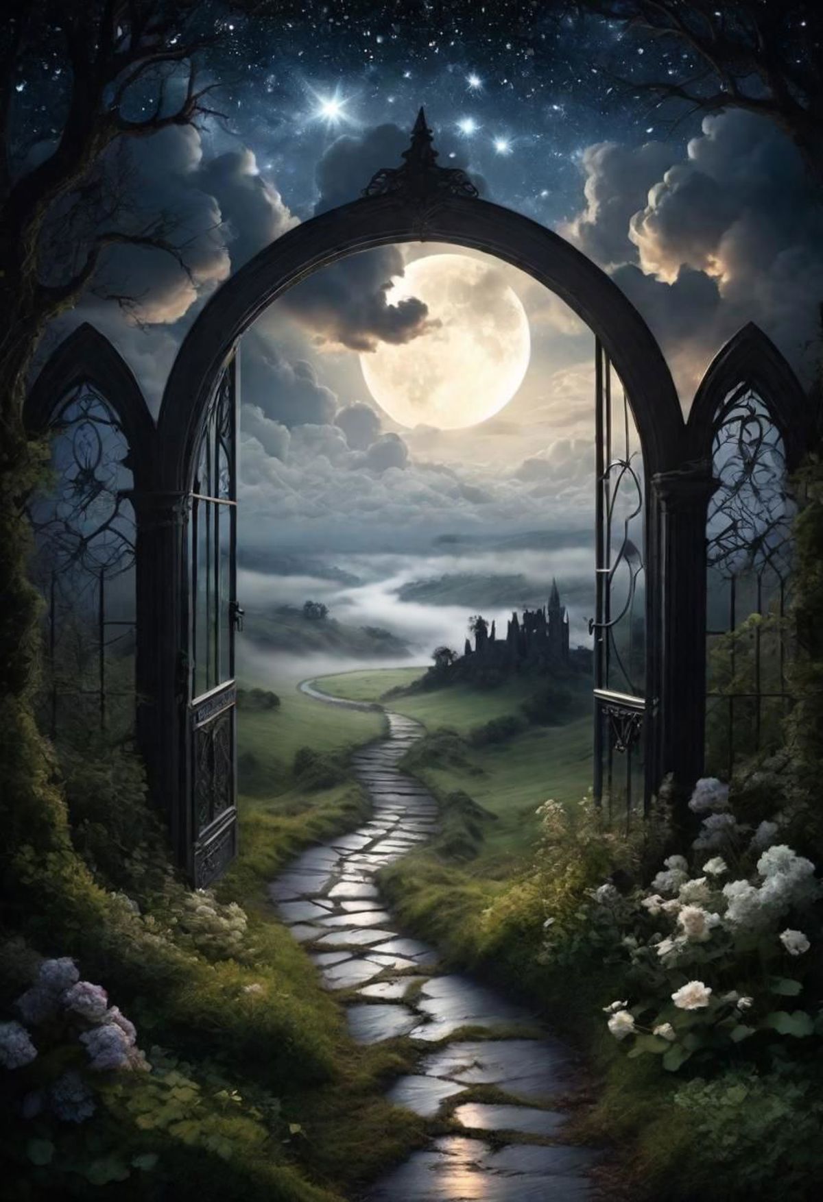 A painting of a castle with a full moon in the background, with a path leading to it.