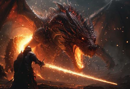evil fire dragon, realistic, dark magical realm, dragon emerges from the darkness with an evil look, its form composed dangerous and majestic vibe, creating a dynamic and visually striking composition. Particles of light scatter through the air, adding to the mystical atmosphere, female dragon slayer,  ready for battle, holding sword, bright thunder, digital illustration blends elements of anime artistry with futuristic aesthetics, resulting in a captivating image that radiates energy and intensity, snowing,red fireflies lightning, Bosstyle, <lora:detailed_notrigger:1>  <lora:XL_boss_battle:1>