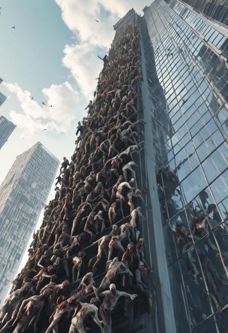 Countless (zombies:1.2) climbed onto a (skyscraper:1.2) soaring into the sky,
from below,
8K Ultra HD,high detailed,intricate,elegant,highly detailed,artstation,concept art,smooth,sharp focus,illustration,high quality,