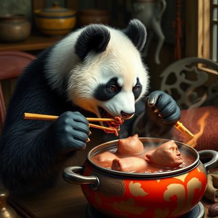 evil china panda eating a hot pot that has miniature human body parts in it, cozy scene