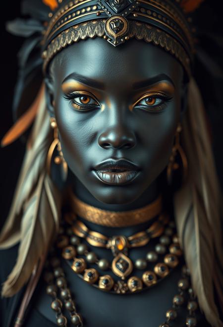 close up shot, front view of a Beautiful african warrior queen, tribal armour,feathers, tribal necklaces, black skin, golden makeup, sensual, erotic, sensual lips, flirty look on face, black clothes, Low saturation color photography, vintage, grunge, top light, masterful piece in the style of Oleg Dou photography, black background