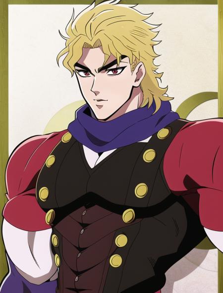 red eyes,  anime screenshot, blonde, muscular, handsome, 1boy, cute, diojojo, scarf, suspenders, masterpiece, best quality, ultra-detailed detailed, detailed digital artwork, hi res, araki hirohiko (style), jojo, <lora:Dio Brando (Phantom Blood):0.87>