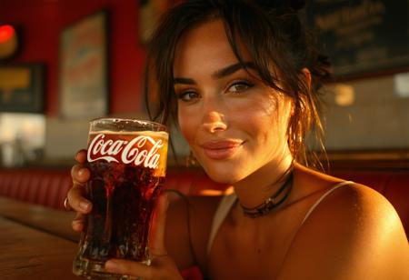 Cheyenne woman, intimate close-up, shy smile crinkles warm eyes, peeking over a glistening Coca-Cola glass rim. Sun-drenched vintage diner booth, golden hour light spills. Roger Deakins-inspired cinematography: shallow depth of field, soft painterly shadows. Palette: rich honeyed tones, vibrant crimson logo, amber highlights. Textures: beaded condensation on cool glass, smooth skin, worn leather. Atmosphere: nostalgic warmth, quiet intimacy. Dust motes dance in sunbeams, subtle lens flare. Fleeting, genuine connection.