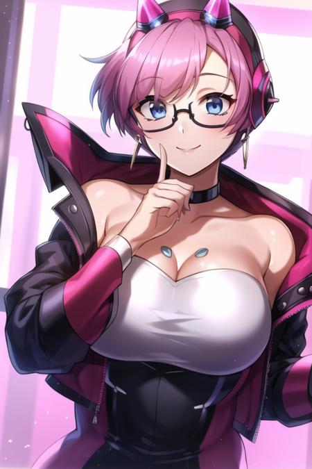 <lora:cyber_punked_wattson:.6>, cyber punked wattson, masterpiece, best quality, 1girl, blue eyes, solo, jewelry, pink hair, earrings, shirt, glasses, hairband, white shirt, upper body, looking at viewer, sidelocks, adjusting eyewear, collared shirt, jacket, bangs, closed mouth, formal, breasts, smile, suit, black jacket, lips, round eyewear, large breasts, long sleeves, office lady, short hair, hand up, gold earrings, indoors,