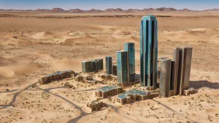 glass fronted sky scraper in the desert surrounded by sand hills, top view, palm trees, oasis