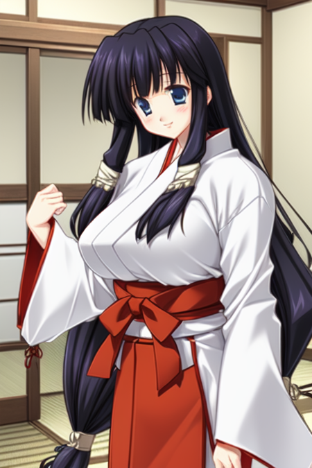 munakata aoi, very long hair, black hair, hair ribbon, blue eyes, (huge breasts:1.3), shrine maiden clothes, miko clothing, white kimono, red long skirt