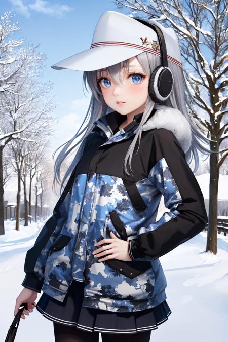 verniy, grey hair, hat, school uniform, white serafuku, long sleeves, skirt, black thighhighs verniysaury, grey hair, white headwear, hat, earmuffs, camouflage jacket, long sleeves, black skirt, black pantyhose