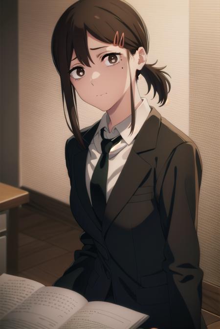 kobenihigashiyama, <lora:kobeni higashiyama s1-lora-nochekaiser:1>,
kobeni higashiyama, black hair, hair ornament, hairclip, mole, mole under eye, ponytail, short hair, (brown eyes:1.5),
BREAK black necktie, black pants, business suit, formal, long sleeves, necktie, pants, suit, 
BREAK indoors, office,
BREAK looking at viewer,
BREAK <lyco:GoodHands-beta2:1>, (masterpiece:1.2), best quality, high resolution, unity 8k wallpaper, (illustration:0.8), (beautiful detailed eyes:1.6), extremely detailed face, perfect lighting, extremely detailed CG, (perfect hands, perfect anatomy),