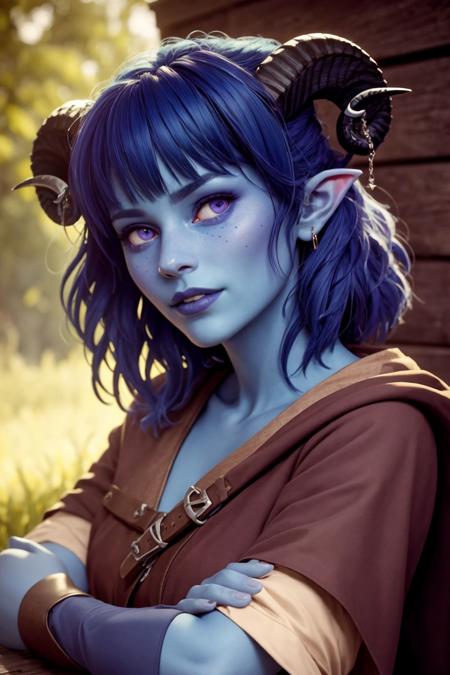 <lora:JesterV1:0.75>, Jester Lavorre, purple eyes, blush, shy, blue hair, blue skin, horns, wooden table, stone wall, fantasy,, concept art intricate depth of field highly detailed 4k UHD unreal engine trending on Artstation Deviantart by Josephine Wall Donato Giancola Tomasz Alen Kopera Peter Mohrbacher Ralph Steadman, RAW photo, full sharp, (FullHD epic wallpaper) 8k uhd, dslr, soft lighting, high quality, film grain, Fujifilm XT3