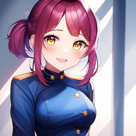 portrait, (solo, 1girl), day time, medium breasts, (Yellow eyes), medium hair,(Magenta hair) (hair pulled back:1.2), (Dark Blue military uniform), bedroom background, best quality, 1girl, dog tail, smirk, open mouth, (anime, waifu, new, newest:1.2), (exceptional, best aesthetic, new, newest, best quality, masterpiece, extremely detailed, anime, waifu:1.2)