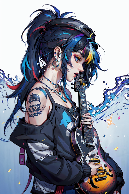 1girl, solo, black hair, hat, jewelry, jacket, ponytail, multicolored hair, earrings, necklace, off shoulder, from side, tattoo, profile, blue background, instrument, realistic, guitar, electric guitar <lora:GothConcepts:0.8>