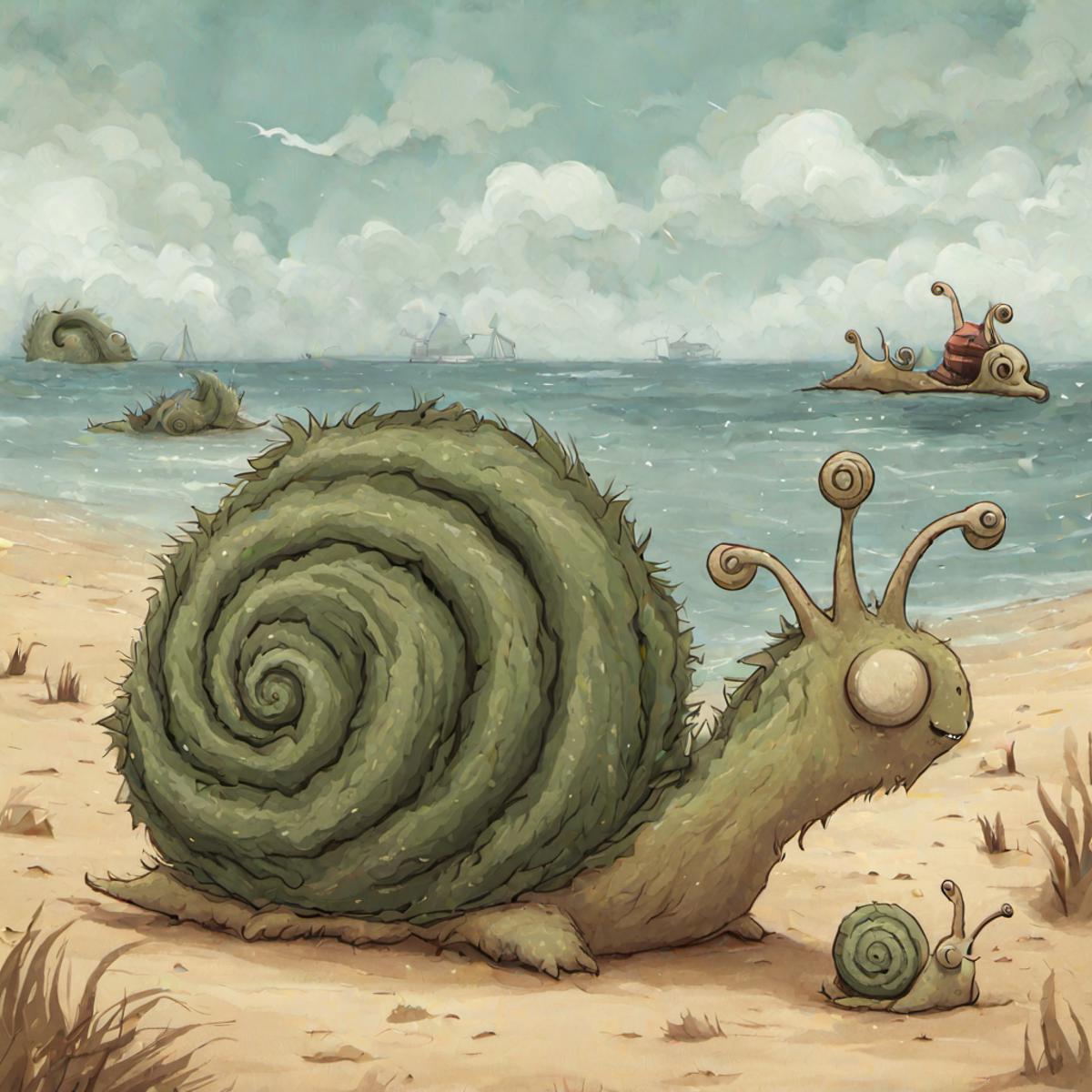 <lora:Childrens_book_illustration-000001:0.7> <lora:Johan_Potma_Art_Style_SDXL-000008:0.7>  (childrens_book_illustration:0.7) (potma style:0.7)
 fluffy snail monster in on the beach in the apocalypse,
 masterpiece, dribbble