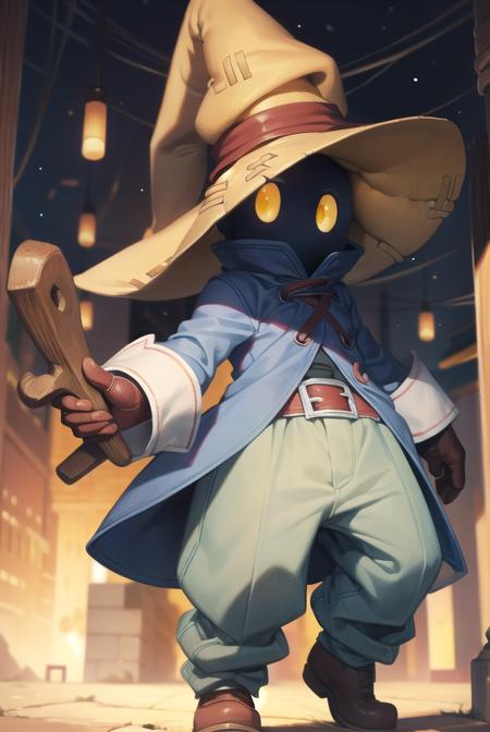 vivi ornitier, baggy pants, belt buckle, blue coat, boots, brown footwear, brown gloves, buckle, coat, gloves, hat, hat belt, high collar, pants, striped, striped pants, wizard hat, (yellow eyes:1.5), yellow headwear,