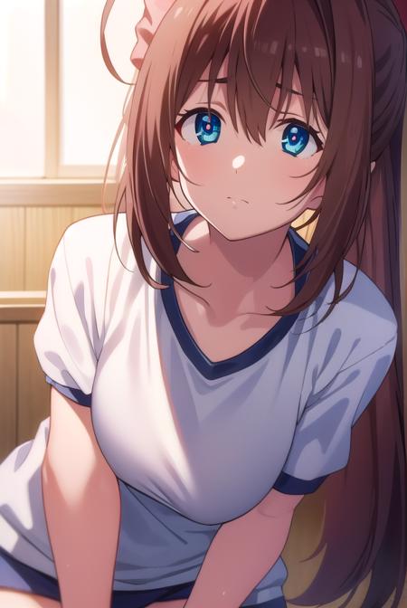 otomeasakura, <lora:otomeasakura-lora-nochekaiser:1>,
otome asakura, long hair, brown hair, bow, ahoge, hair bow, pink bow, blue eyes,
BREAK gym uniform, buruma, red buruma,
BREAK looking at viewer,
BREAK indoors, classroom,
BREAK <lyco:GoodHands-beta2:1>, (masterpiece:1.2), best quality, high resolution, unity 8k wallpaper, (illustration:0.8), (beautiful detailed eyes:1.6), extremely detailed face, perfect lighting, extremely detailed CG, (perfect hands, perfect anatomy),