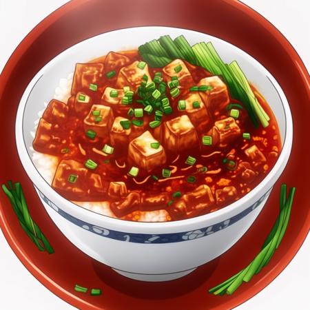 The image displays a bowl of mapo tofu with a deep red sauce, topped with green onions. The bowl is round and transparent, filled with small cubes of tofu and what appears to be meat, almost reaching the brim. The background of the image is white, accentuating the vibrant color of the dish and its toppings.,  <lora:Shokugeki_food:0.85>