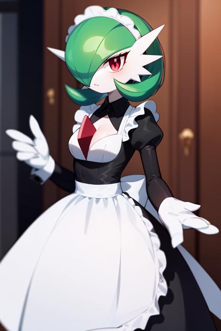 masterpiece, best_quality, 1girl, solo, gardevoir,  pokemon \(creature\), green hair, red eyes, maid dress, mansion<lora:gardevoir_v1:0.8>