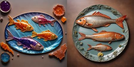 kcrstal17xl analog realistic Art Nouveau colour photo of a cooked fish on a serving platter, very detailed, award-winning