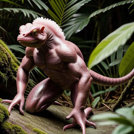photograph of a large creature in the heart of a rainforest, wildlife photography, solo, no humans, animal, slimy hairless albino amphiban ape that's also a salamander chameleon octopus axolotl frog horse slug gorilla chimera, bipedal, muscular, toned, pecs, abs, standing upright, loincloth, hooves, beating chest, centered