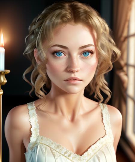 ((masterpiece)), (best quality), perfect anatomy, highres, detailed, (8k), photorealistic, best quality, ultra highres, photorealistic, 8K, RAW photo, perfect lightning
a girl face <lora:rebecca-wife:1> rebecca, blonde, perfect eyes, white dress, candelabra, candles, dark room, dark curtains, dark walls, night light from window