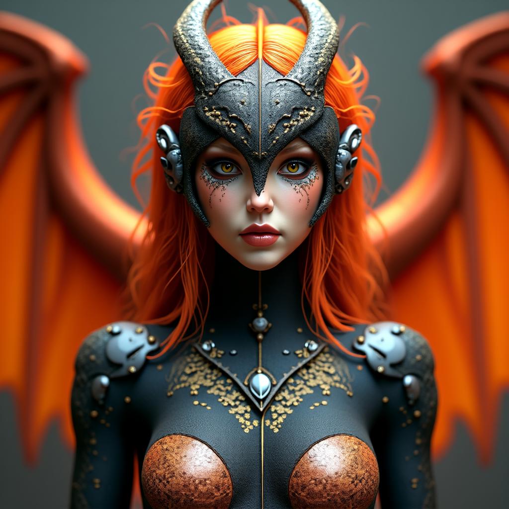 An elaborate 3D render portrait of a cyber-dragon themed woman, featuring gothic elements and arcane tech. Her hair, vibrant and flame-like, contrasts with her sleek, glittery casing in shades of transparent orange and deep black. Exposed machinery and arcane components weave seamlessly into her design, showcasing a blend of beauty and technology. The intricate details of her attire mimic dragon wings, enhancing her mystical appearance. In the background, abstract forms of dark colors swirl around her, while a colossal dragon, its body shimmering with arcane symbols, looms protectively behind her. The extreme depth of field draws the eye to the finely crafted elements of her character, creating a captivating visual experience.