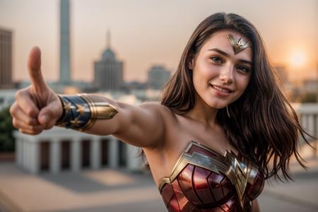 DC movies,photo of a 18 year old girl,wonder woman,pointing at viewer,happy,ray tracing,detail shadow,shot on Fujifilm X-T4,85mm f1.2,depth of field,bokeh,motion blur,<lora:add_detail:1>,