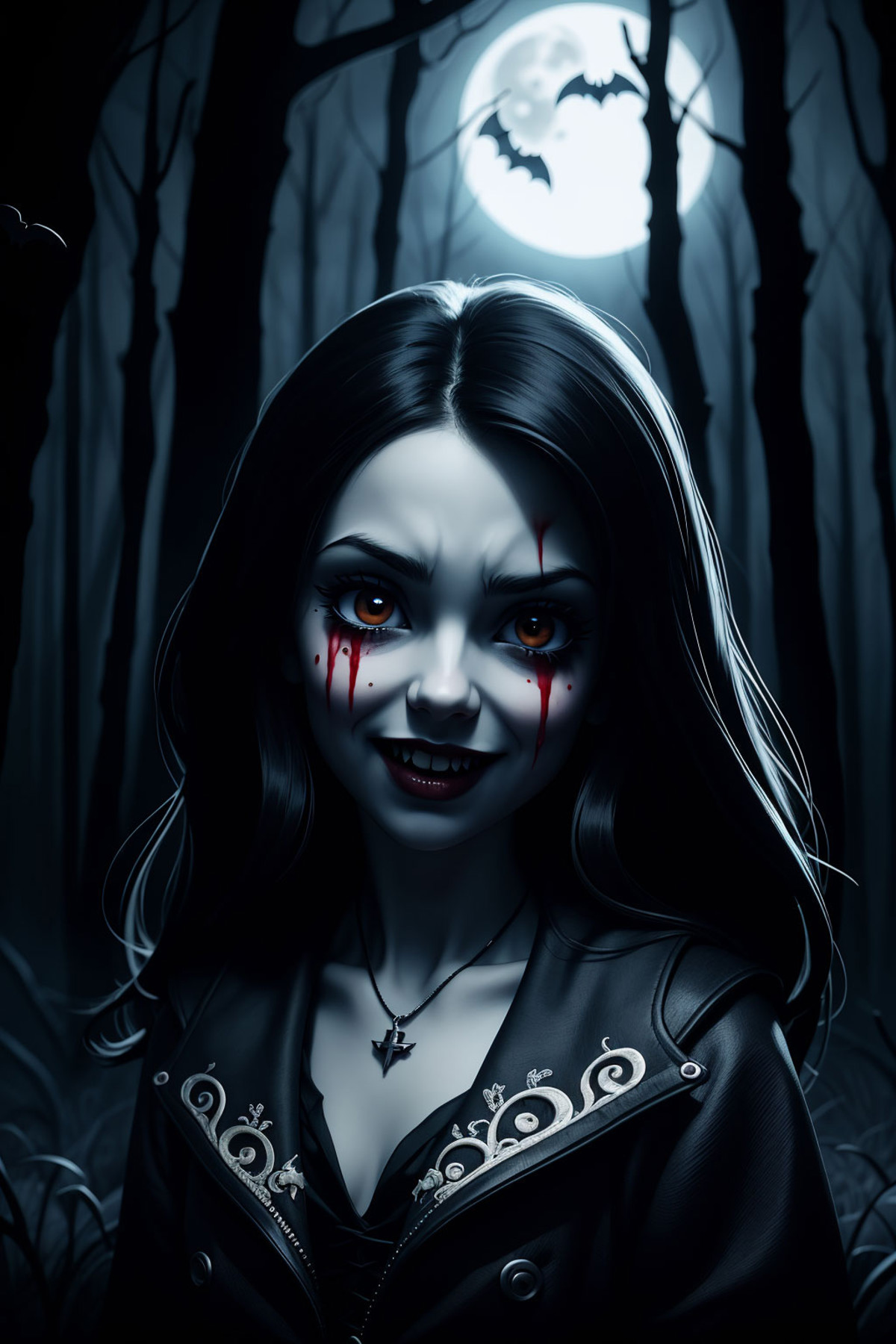 1girl, dark theme, Gothic, evil smile, vampyr, cute face, bats, bloody tears,fangs, ((intricate details)), cinematic, (bac...