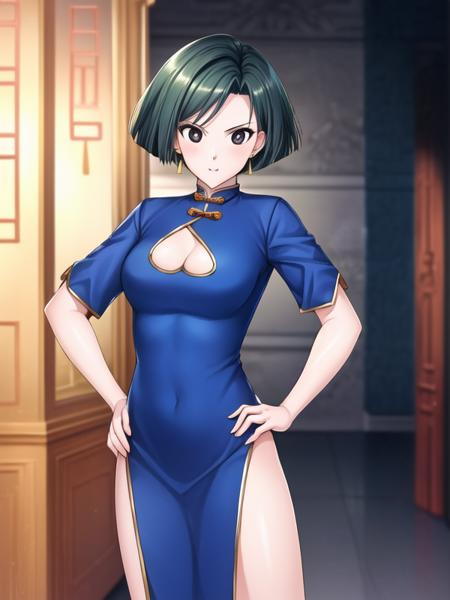 Lulu_Lulu_Lulu,short hair, green hair,black eyes, chinese clothes, pelvic curtain,blue dress, 