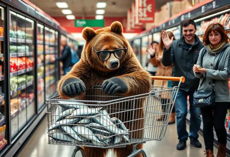 score_9, score_8_up, score_7_up, realistic, photo, high quality, extreme detail, photogenic, (((photorealistic))), best quality, realistic lighting, source_photo, 
a brown bear is in a grocery store pushing a shopping cart, the bear is putting frozen fish into its shopping cart, the shopping cart is full of fish, other grocerie shoppers are waving at the bear, the bear is wearing Groucho glasses, beaglepuss, the other shoppers think the beare is a fellow human because if its disguise, funny, goofy, a little stupid and probably slightly artistic,