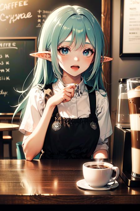 (best quality, masterpiece:1.1), <lora:Better light:0.5>,  close up,     (1female), Yawning, rainbow hair, absurdly long hair, flipped hair,      elf, pointy ears,  (at a cafe), ( (coffee shop), barista, coffee machine, table),