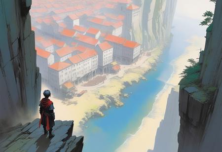 painting by Yoshitaka Amano, 
(dynamic_angle), 
a small figure looking down from a cliff, medieval City, landscape, dystopian fantasy city, people on the streets, 
(looking out over city),
(highly detailed, digital painting, concept art),
sharp focus, illustration, 
multicolored, soft colors, detailed textures,