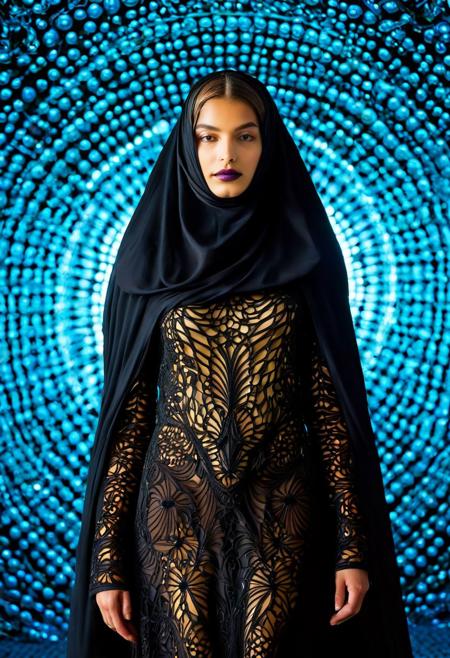 Persian girl,(burqa)(analog photo:1.2),((dynamic pose:1.2),(dynamic camera),(amateur photo:1.3,art retouch,, analog photo),  ,alien planet,(sci-fi:1.5), spaceship, mineralogical fractal, mutation black petals, nuclear reactor interior, photorealistic surrealism tangka, (film grain:1.2), abstract collage,(masterpiece, high quality, ), , solo, model photoshoot, (black theme:1.1), a stylish girl,big lips, , solo, pride, , (looking at the viewer), (Francis Drake : 1,2) ((best quality)), (artistic photography by Philippe Halsman and Ara Gler:1.2), (Infrared Photography by Sally Soames and Pauline Kruger Hamilton:1.2), award-winning photography, aesthetic and beauty, extraordinary details, clear background, f/4, daring, high dynamic range, (center composition, symmetry composition:0.1), (ebony and muted colors:0.1) <lora:MJ52:0.5> <lora:- SDXL - vanta-black_contrast_V3.0:0.5>black (anthraquinone blue and red colors:0.1), <lora:MJ52:0.35><lora:hair_with_scenery:1>folk costumes (Ethel Warwick:1,2) (8k, RAW photo, highest quality), hyperrealistic, intricate abstract, intricate artwork, abstract style, otherworldly, mesmerizing parallel dimension, gravity defies logic, abstract masterpiece, interplay of floating objects, distorted silhouettes, vivid hues, ethereal light, highly detailed,,,Leica Q2 with Summilux 35mm f/1.2 ASPH, ,clear face, Ultra High Resolution,
