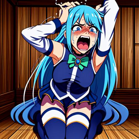 <lora:LCM_LoRA_Weights_SD15:1>,masterpiece,best quality,highly detailed,1girl,solo,scared,panicking,constricted pupils,screaming,raised eyebrows,wide-eyed,crying,tears,
<lora:aqua_konosuba-000035:0.7>,aqua \(konosuba\),1girl,blue eyes,blue footwear,blue hair,blue thighhighs,blush,boots,breasts,bubble,detached sleeves,hair ornament,hair rings,leg up,long hair,single hair ring,skirt,thigh boots,thighhighs,very long hair,white thighhighs,
BREAK
<lora:malevolentFaceEnd:0.5>,crying,frown,screaming,tearing up,streaming tears,trembeling,uvula,streaming tears,crazy eyes,arms up,indoors,wooden pillar,(((emphasis lines,@ @, wide-eyed,constricted pupils))),leaning back,full-face blush,kneeling,