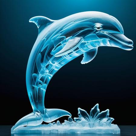 Ice sculpture- dolphin- neon-colored- velvety soft light- photo- light play art- light technology