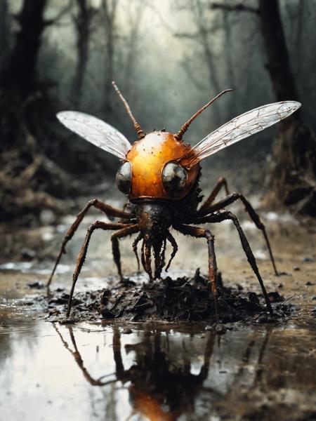 an ancient alien insect made of copper and amber rising from the mud, Style of stephen gammell, watercolors, black and white, swamp, shadowy creatures, dripping, infected<lora:epi_noiseoffset2:1><lora:epi_noiseoffset2:1><lora:epi_noiseoffset2:1><lora:epi_noiseoffset2:1>