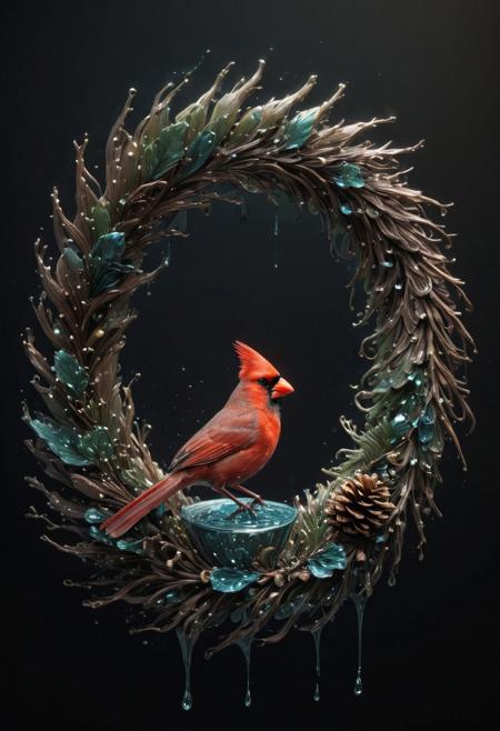 A cardinal bird, 
incredibly fluid, 
detailed, 
3D fractals, 
light particles, 
drops of water, 
shimmering light, 
dreamer, 
surrealist, 
alcohol ink, 
smooth, 
shimmering, 
dreamy glow, pine cone wreath background
conceptual art by Alberto Seveso, 
Anna Dittmann, 
Arthur Rackham, 
16k