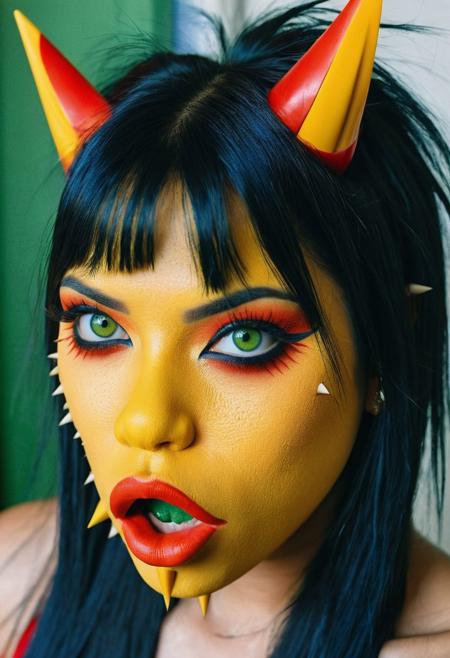 hyper-realistic, real life, analogue style, raw, photo, a large orange face, large bright yellow eyes, a mouth, thick green lips, a large red nose, pointed blue ears, long black hair, ( spiked_hair), real world location, indoors,